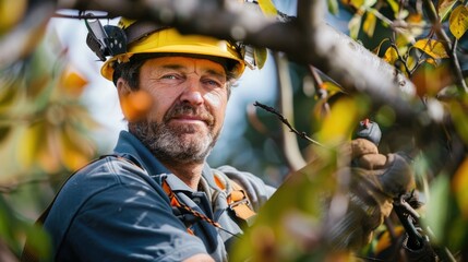 Professional arborist pruning autumn trees in safety gear with focused expression