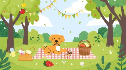 Naklejka premium A vibrant picnic scene with a dog playing on a blanket, basket and food nearby