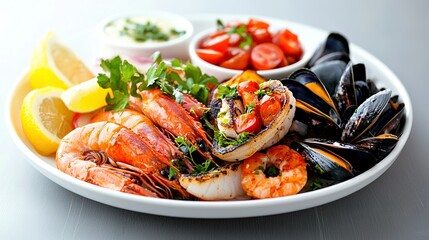  shrimp, mussels, lemon, tomatoes, parsley