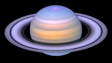 A close-up view of Saturn with its iconic rings. The planet's surface is a beautiful blend of blue, purple, and orange hues. The rings are a spectacular sight, showcasing the planet's grandeur.