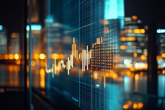 Modern city business center with stock market bar chart representing finance and investment trends