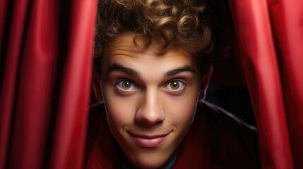 Smiling teen with curly hair peeking through red curtains