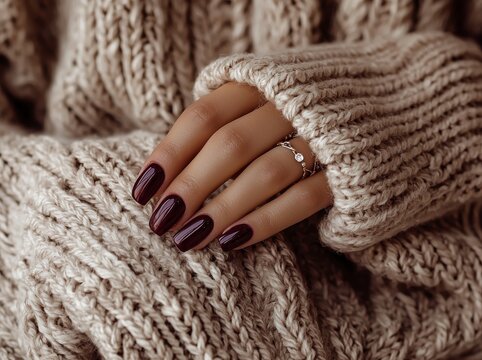 Manicure in winter. Well-groomed hands with painted nails against a warm woolen sweater. Fashionable fall-winter nail color.