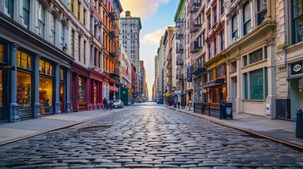 New York City old SoHo Downtown paving stone street with retail stores and luxury apartments 