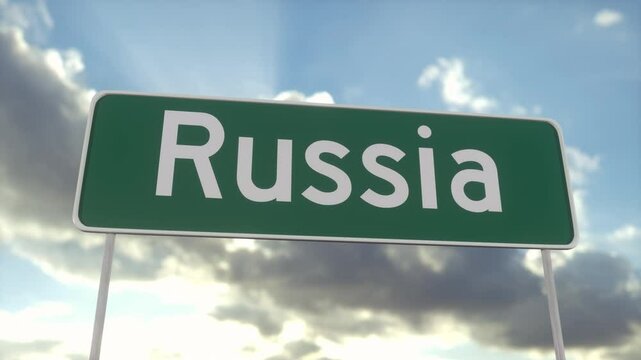Welcome to Russia. Russia road sign on a blue sky. Travel, business, tourism and transport concept