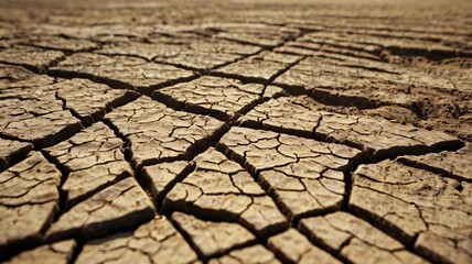 Dried earth cracks reveal severe drought conditions in an arid landscape during mid-afternoon sunlight