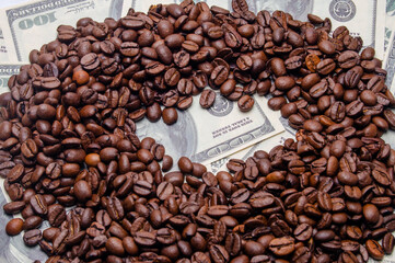 coffee as a business, coffee beans on the background of dollars