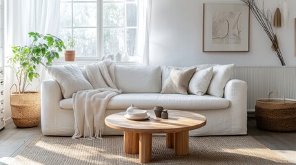 A beautifully styled Scandinavian living room with a round wood coffee table placed