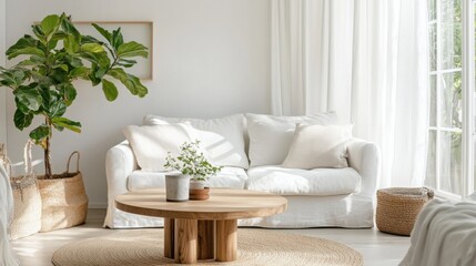 A bright and airy Scandinavian living room with a round wood coffee table