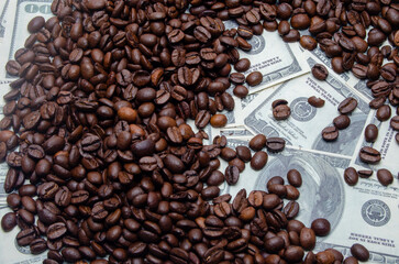 coffee as a business, coffee beans on the background of dollars