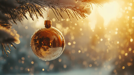 Golden Christmas bauble on a frosty pine branch, glowing warmly in the soft winter sunlight.