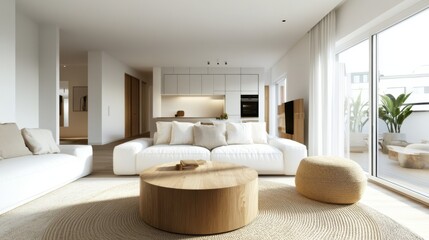 Fototapeta premium A bright and modern Scandinavian living room featuring a round wooden coffee table
