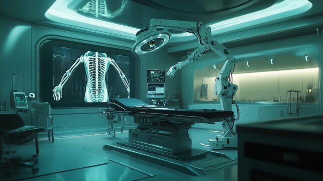 A high-tech surgical room features a robotic arm ready for operation, with a holographic representation of a human skeleton displayed on a translucent screen.