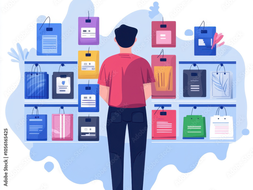 Poster a person stands in front of a wall displaying various colorful documents and packaging, contemplatin