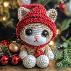 Obraz premium Cute nice lovely crocheted cat in red Christmas New Year cap holiday picture handmade decor winter 