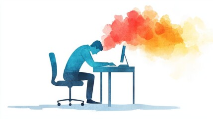 A creative illustration of a person working hard at a desk, showcasing stress and the struggles of modern productivity.