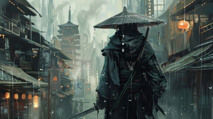 Obraz premium Futuristic street samurai in a cyberpunk alley