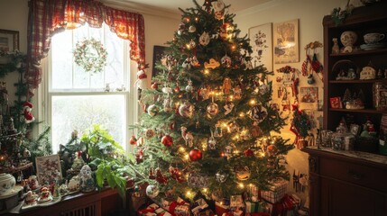 A Christmas tree decorated with handmade ornaments and vintage lights,