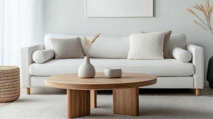 A clean and modern Scandinavian living room featuring a round wood coffee table