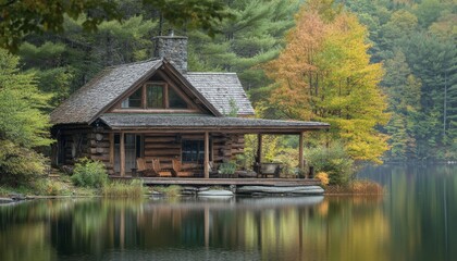 Obraz premium Charming rustic log cabin with open porch by tranquil lake nancy in scenic mountain setting