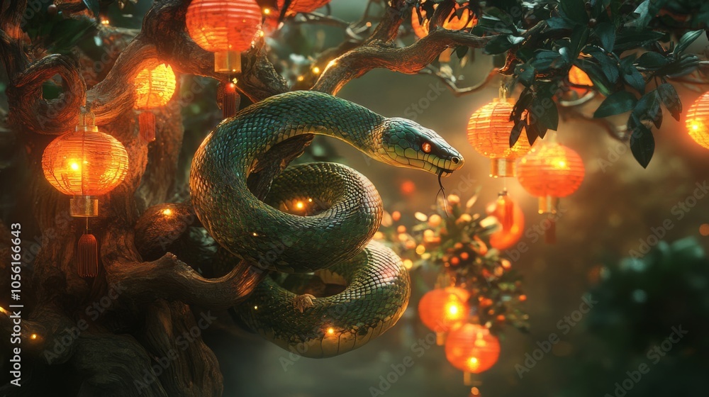 Fototapete a striking snake entwines itself around a gnarled tree, illuminated by hanging lanterns that cast a 