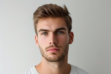 Obraz premium Close up of a confident young man with serious expression, focusing intently on a task against a neutral background