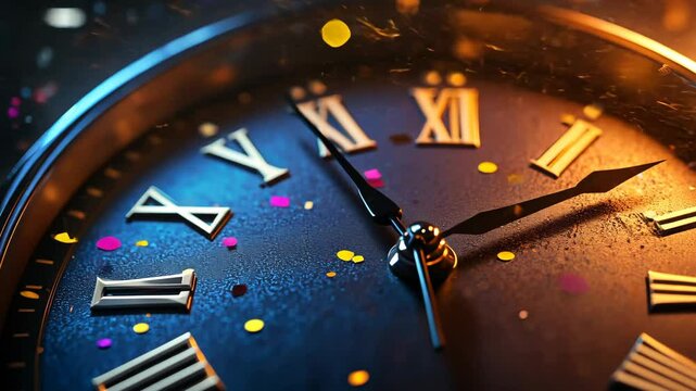 New Year&acirc;&euro;&trade;s Eve confetti explosion at midnight, with colorful streamers filling the air as the clock strikes twelve. . Video
