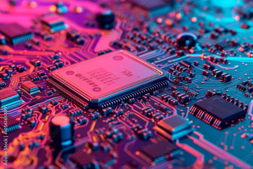 Poster a vibrant printed circuit board showcasing intricate pathways and a central processor under colorful