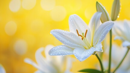 Obraz premium A crisp and clear close-up of white lilies with delicate water droplets,