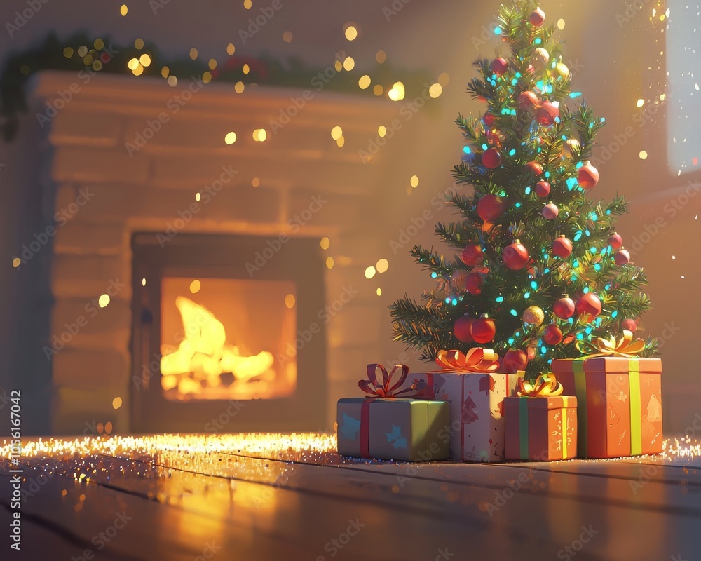 Poster an illuminated christmas tree sits in front of a fireplace in a room with many presents under the tr