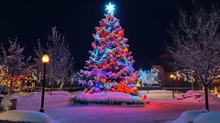 A giant outdoor Christmas tree covered in snow, lit up with colorful lights