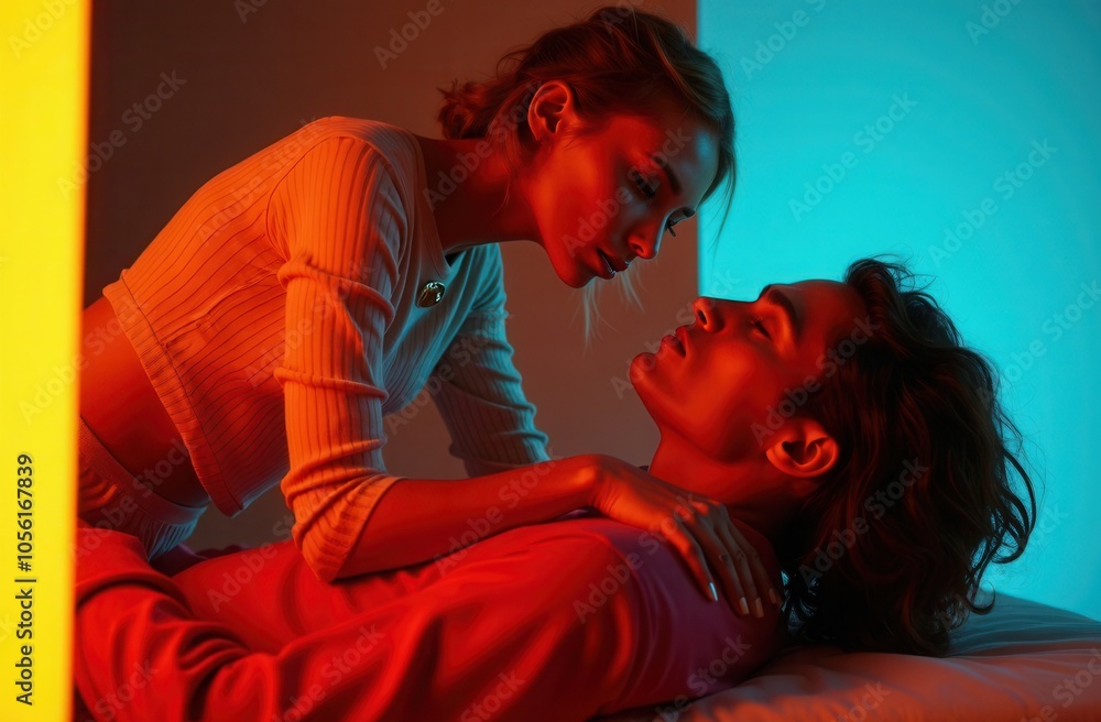 Wall mural a couple sharing an intimate moment in a softly lit room with colorful lighting during a quiet eveni