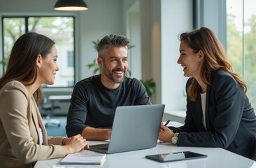 Obraz premium Three professionals engaged in a lively discussion around a laptop in a modern office setting during the daytime