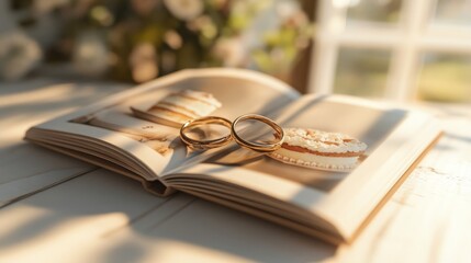 Two gold wedding bands on an open book with a white cake in the background.