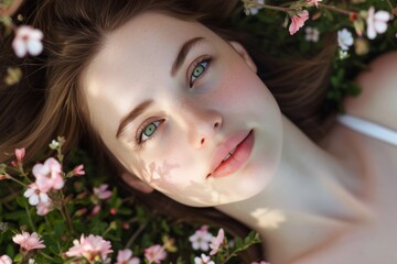 Fototapeta premium A serene young woman lies peacefully in a vibrant flower bed during a sunny afternoon, surrounded by delicate blooms