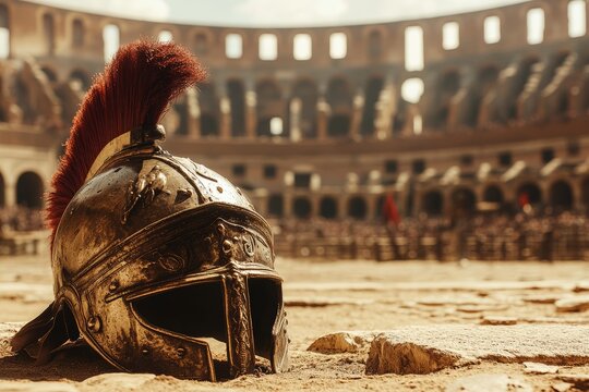 Gladiator helmet resting on arena floor with coliseum in background  a blend of history and fantasy