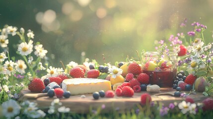   A cake encircled by berries, strawberries, raspberries, daisies, & a jam jar in the background