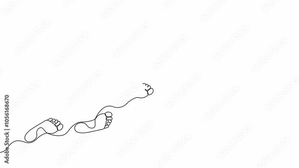 Poster video. footprint of a path of barefoot human feet in simple linear style . diagonal trace of barefoo