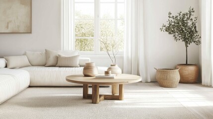 A minimalist and modern Scandinavian living room with a round wooden