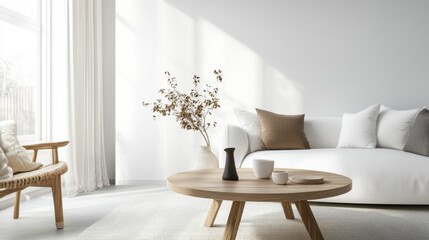 A modern Scandinavian living room with a round wooden