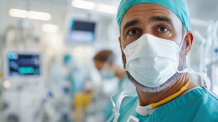 A surgeon, dressed in scrubs and a mask, stands attentively in the operating room, prepared for a surgical procedure with medical equipment visible around him.