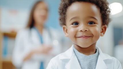 Fototapeta premium The image shows a cheerful child wearing a white coat with an out-of-focus adult figure in the background, suggesting a playful role-playing scenario or future aspirations.