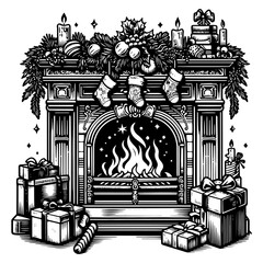Cozy fireplace decorated for Christmas with gifts and greenery. Raster, generative ai.