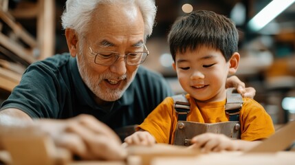 An elderly man and a child happily engage in woodworking, sharing experiences and laughter in a sunlit workshop, highlighting intergenerational bonding.