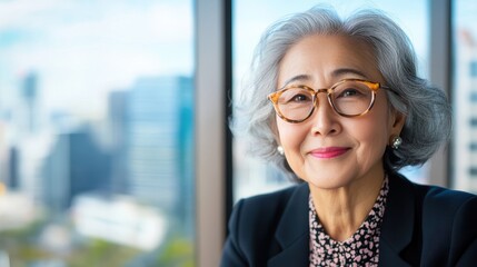 An elegant woman with grey hair and glasses sits confidently in an office with a cityscape view, exuding charm and wisdom, symbolizing maturity and professionalism.