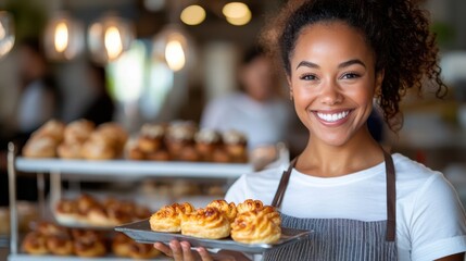 A cheerful woman with curly hair shows a tray of freshly baked pastries, smiling warmly in a bustling bakery setting filled with warm lights and delicious aromas.