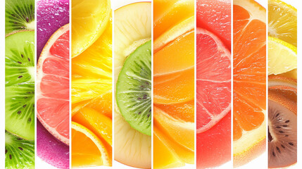 Colorful arrangement of various sliced fruits on a bright background