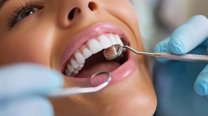 Close-up of a smiling woman at a dental check-up with a dentist using tools to examine her teeth, highlighting oral health and hygiene focus.