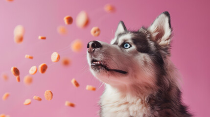 A cheerful malamute with a big smile sits attentively as colorful treats float around it, showcasing a playful spirit in a bright setting