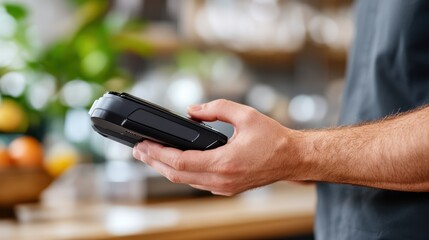 A detailed image of a person grasping a sleek, wireless payment terminal, featuring a soft blurred background, showcasing the convenience of digital transactions.